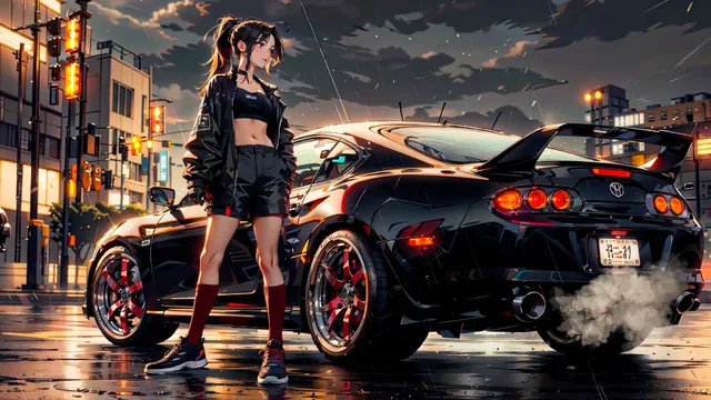 Anime street racer beside a black Toyota Supra on a neon-lit, rain-soaked city street.