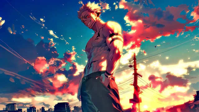Ryomen Sukuna in silent Shibuya beneath a fiery orange and crimson sunset