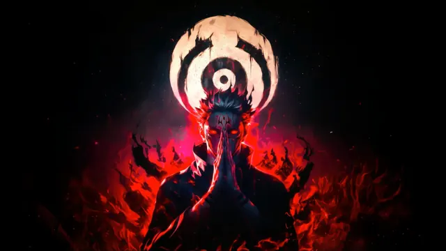 Sukuna standing amid cursed flames beneath a symbol in his domain