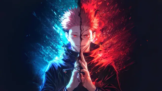 Yuji Itadori and Ryomen Sukuna in a divided split-soul fan-art composition