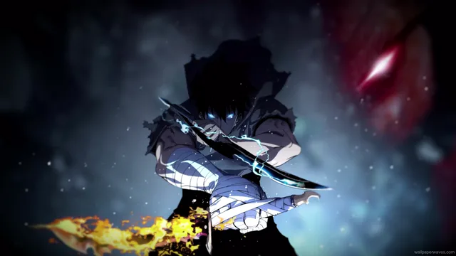Sung Jin-Woo crossing dual daggers beneath a glowing red eye