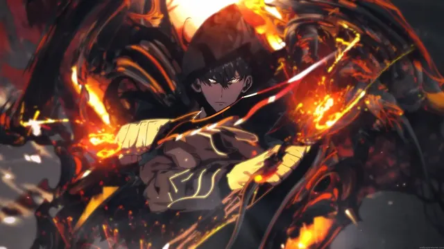 Sung Jinwoo framed by a flame aura in Solo Leveling fan art