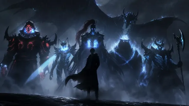 Sung Jinwoo with his Shadow Army in a Solo Leveling wallpaper