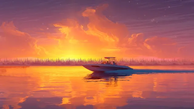Small boat on calm lake water beneath a glowing golden sunset sky