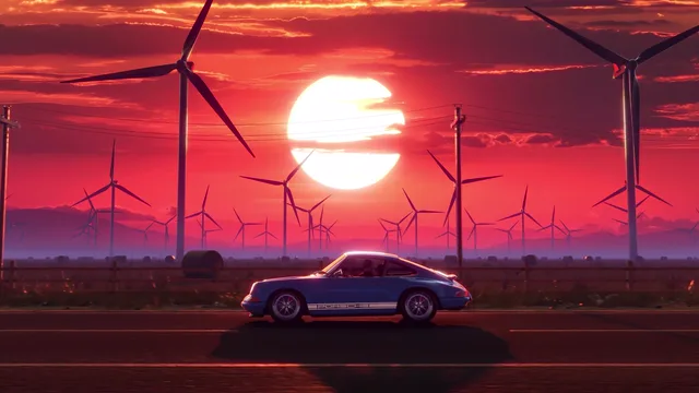 Car driving past wind turbines beneath a huge red sunset