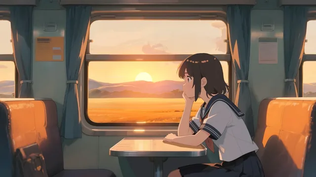 Anime girl riding a train beside a window during a warm golden-hour sunset