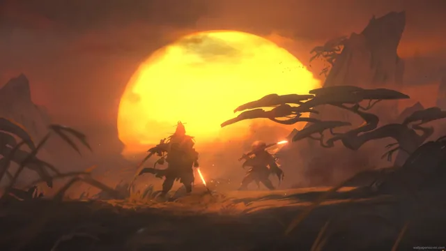 Fantasy artwork depicting a samurai warrior at sunset