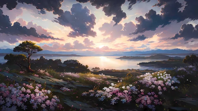 Golden sunset illuminating rolling hills covered with colorful wildflowers.