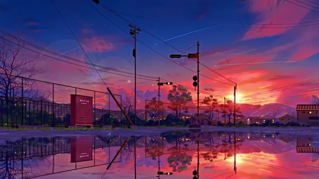 Comet streaks above houses, trees, and power lines on a sunset street