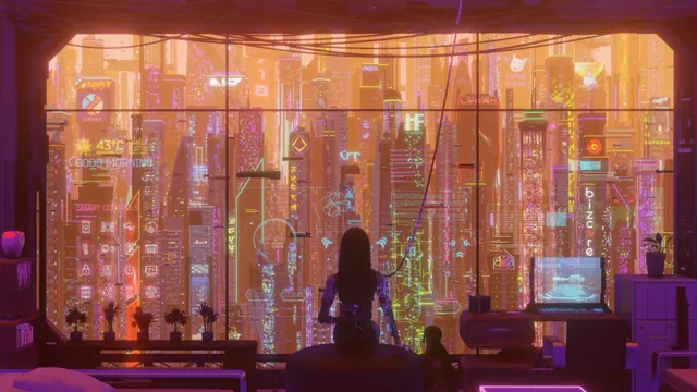 Bright cyberpunk metropolis with neon architecture, sunshine, and natural elements