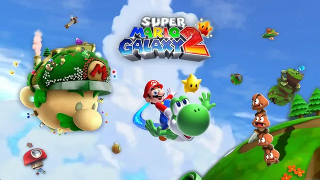 Super Mario and Yoshi together in a 4K sky-galaxy desktop scene