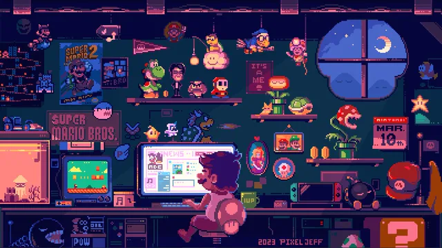 Colorful Super Mario pixel room filled with monitors, clocks, and toys