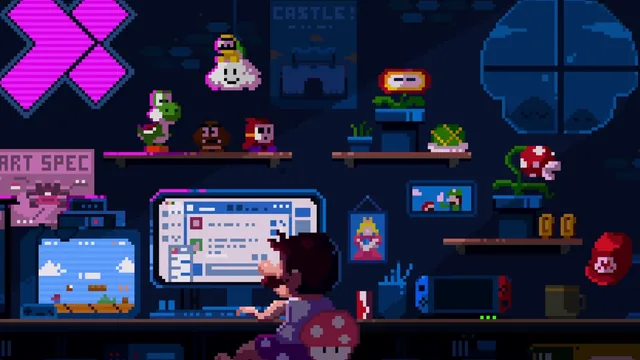 Pixel gamer room with retro characters, power-ups, collectibles, and neon light.