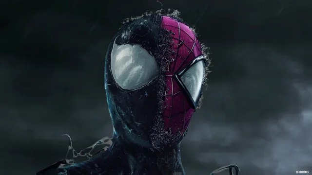 Symbiote Spider-Man transforming against storm clouds