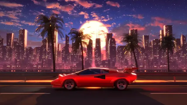 Retro-futurist synthwave driving scene with an electronic arcade mood