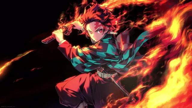 Tanjiro Kamado surrounded by a sweeping arc of orange fire