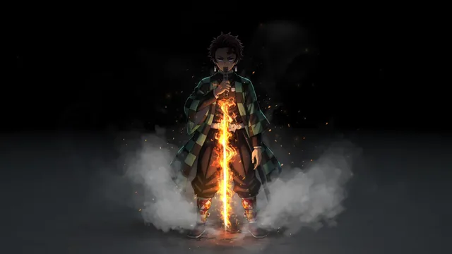 Tanjiro Kamado gripping a flame-covered katana in darkness with drifting smoke