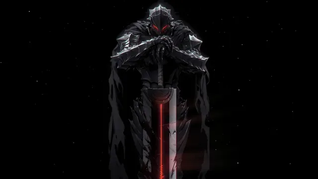 Dark armored berserker standing behind a huge sword with a crimson-lit blade