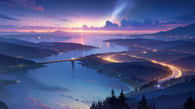 Blue-hour city with golden streetlights and a pink-gold horizon