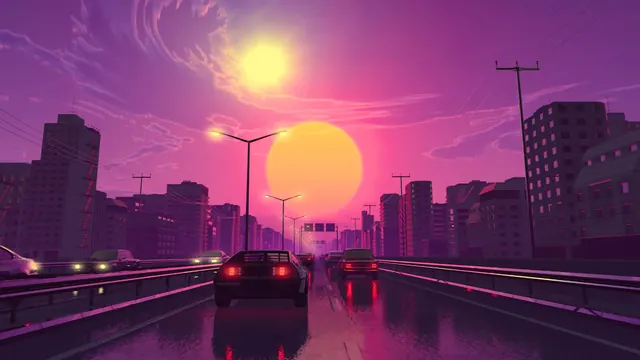Cars traveling on a city street beneath a wide pink sunset sky