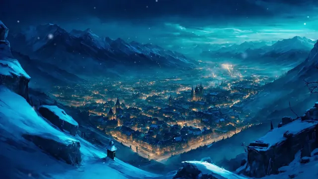 Golden-lit city below snow-covered cliffs and mountains in a frosted valley