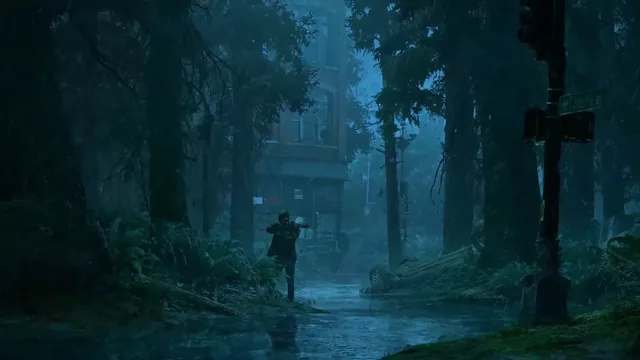 Lone survivor walking through a rainy overgrown street inspired by The Last of Us