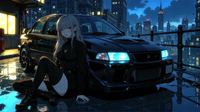 Anime girl standing beside a Mitsubishi Lancer Evo VI on a neon-lit rainy rooftop at night