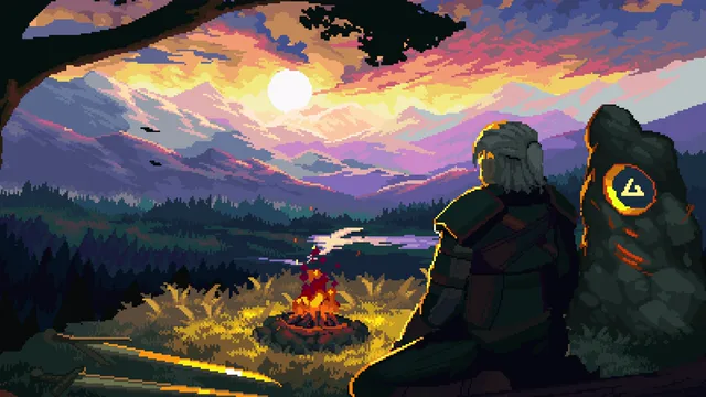Geralt beside a pixel-art campfire overlooking mountains at sunset