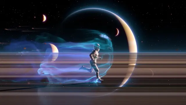 Astronaut running through a surreal space scene filled with planet rings
