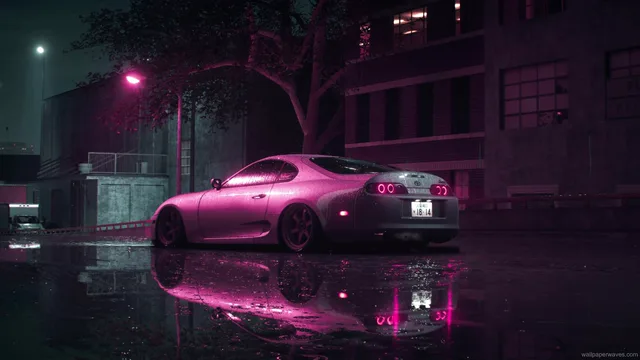 Toyota Supra Mk4 on a rain-soaked street bathed in deep pink and magenta neon light