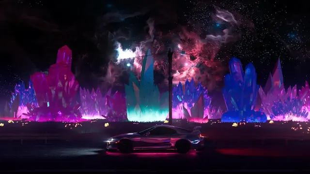 Toyota Supra framed by neon crystal forms and a galaxy-themed backdrop.