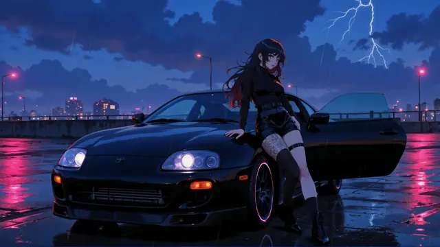 Toyota Supra A80 beside an anime character on a rainy city night