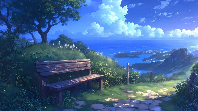 Wooden bench on a green hillside overlooking a sunlit coastline.