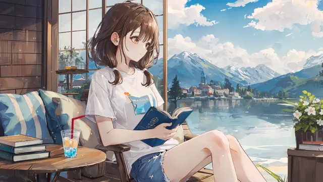 Anime girl reading on a wooden porch above a clear mountain lake