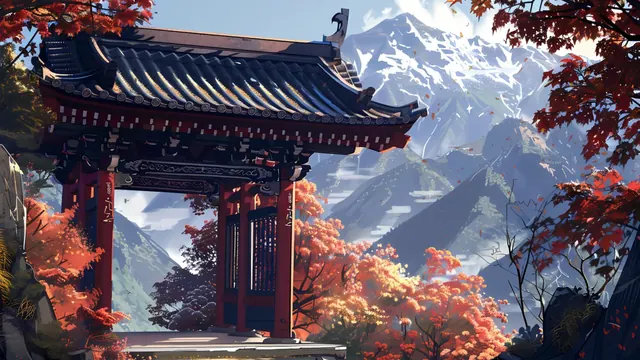 Red torii-style temple gate among autumn maples and mountains