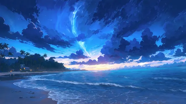 Aurora and deep blue clouds above a tropical beach with palms at dawn