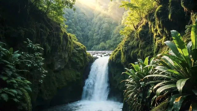 Tropical forest surrounding a serene waterfall in a 4K live wallpaper