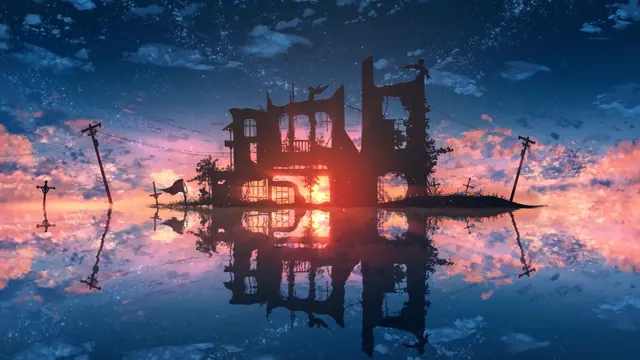 Silhouetted ruins reflected in water beneath a lavender twilight sky