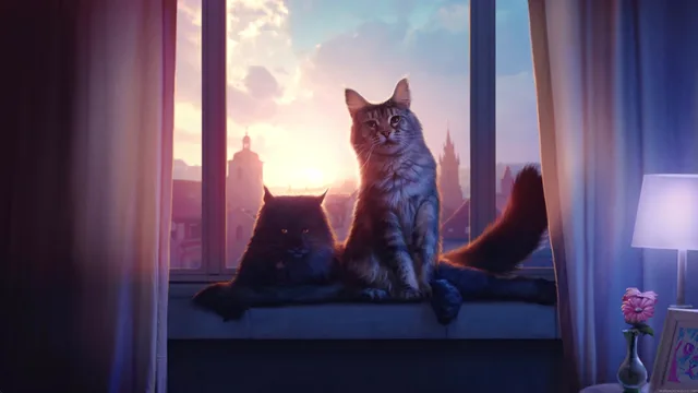Two cats silhouetted on a windowsill against a warm amber and orange sunset sky