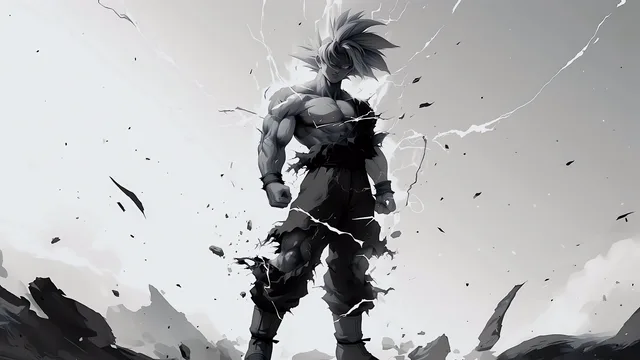 Ultra Instinct Goku standing amid white energy and drifting debris