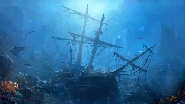 Sunken ghost ship with broken masts, tattered sails, and schools of fish