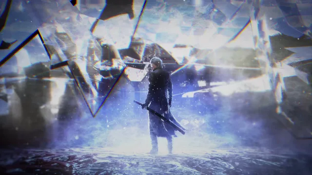 Vergil standing amid orbiting summoned swords in cold blue Devil May Cry light