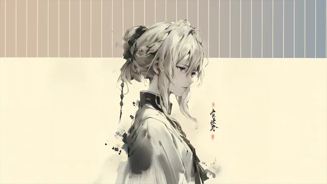 Violet Evergarden in a pale ink-wash profile beside calligraphy
