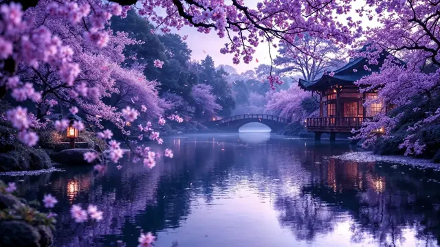 Violet sakura trees reflected in still water beside lanterns and Japanese buildings