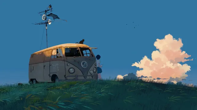 Girl sketching beside a weathered van while a black cat sits on its roof