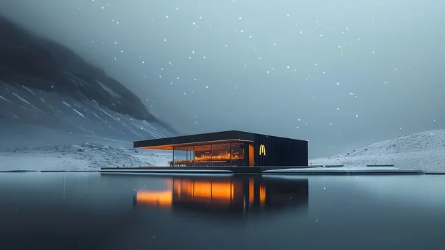 Glowing McDonald’s restaurant beside a frozen lake on a snowy winter night.