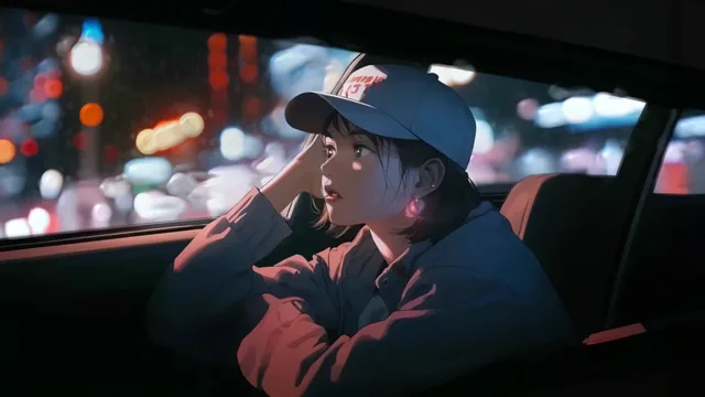 Short-haired anime girl sitting in a car and watching rain through the window at night