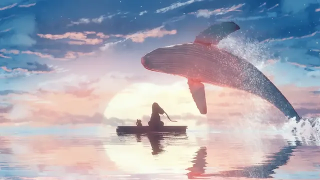 A whale breaching above the ocean in an open-water scene