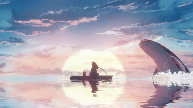Giant whale drifting through a pastel sunset sky above a girl and cat in a rowboat