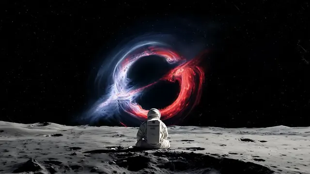 Seated astronaut on the Moon facing a red-and-blue cosmic vortex